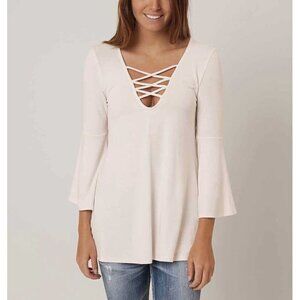 BKE Buckle Womens Sz S Caged Babydoll Top Bell Sleeves 70s Boho Pink Cream